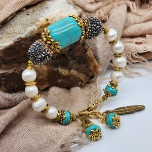 Bracelet Natural Howlite Stone Silver/Gold/Crystals Boho Gift